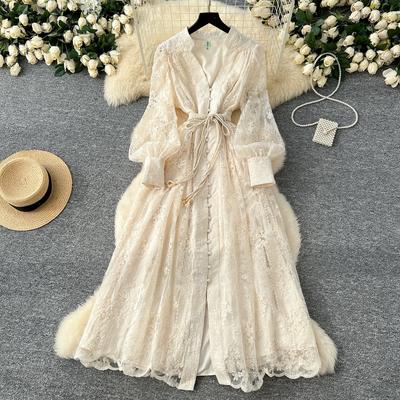 France Vintage Embroidery Formal Dresses Women Summer Autumn Lantern Long Sleeve Lace Pearl Prom Evening Birthday Party Dress