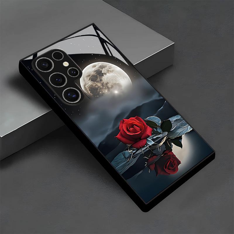 Moon Night Red Rose Pattern Glass Phone Case Suitable for Samsung Galaxy S26 S25 S24 S22 S21 S20 FE/Ultra/Plus Anti Drop