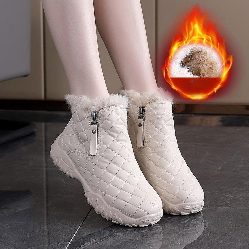 Winter New Women's Velvet Leather Snow Boots Thick Soled Height Increasing Fashionable Cotton Boots Grid Warm Ankle Boots