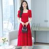 Red Women's Square-Neck Dress: 2026 Summer French Retro Style with Puff Sleeves for Engagements