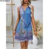 MODIQUE 2025 Summer New Women's Sexy Hot Tank Top Gradient Floral Print Sleeveless Short Dress Ladies Casual A-Line Notched V-Neck Dress