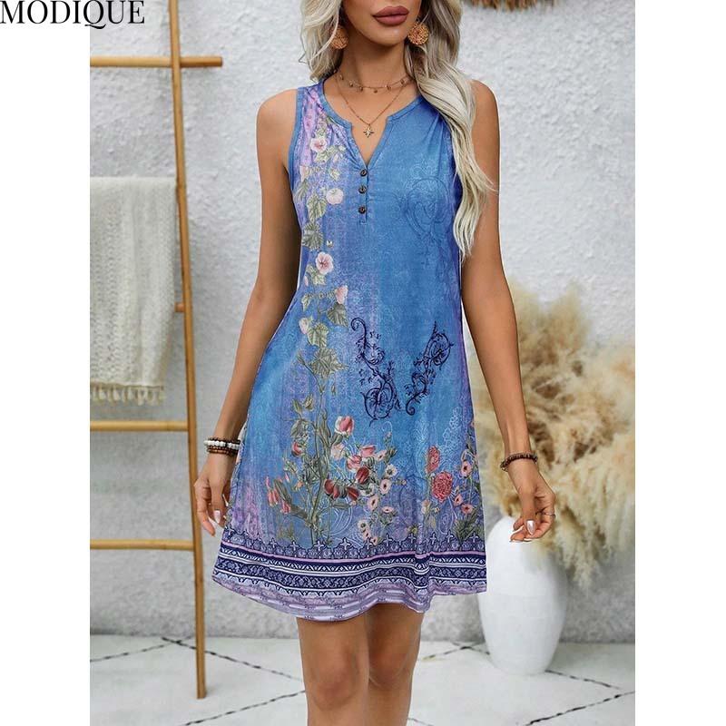 MODIQUE 2025 Summer New Women's Sexy Hot Tank Top Gradient Floral Print Sleeveless Short Dress Ladies Casual A-Line Notched V-Neck Dress