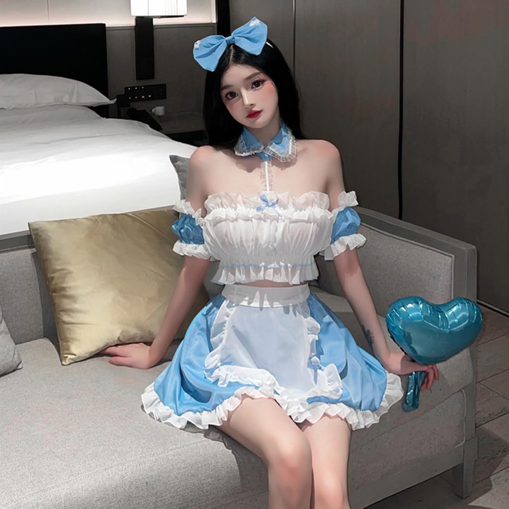 Maid Sexy Blue Mini Extreme 6 Piece Set [YAISHN] Costume, Cosplay, Lace, Frills, See-Through, Skirt, Cosplay, Halloween, T-Back, Exposure, Erotic,