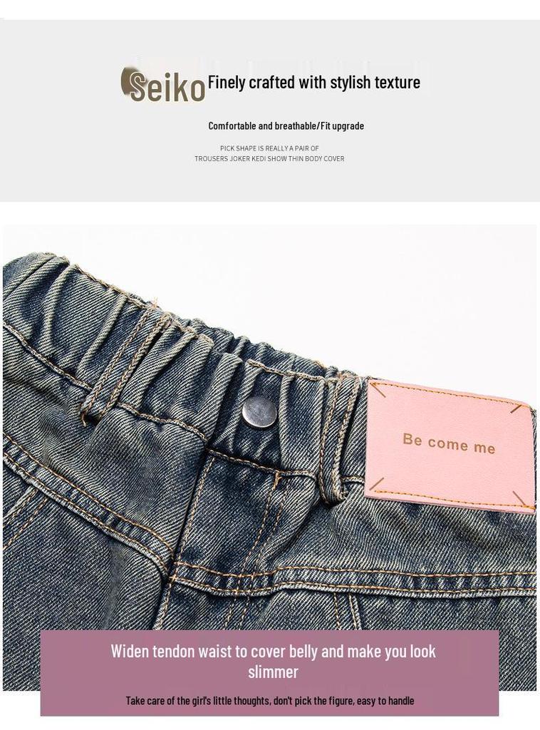 2025 Mädchen High-Waist Weitbeinige Jeans mit Sternen-Aufnähern - Frühling/Herbst Stil für ältere Kinder