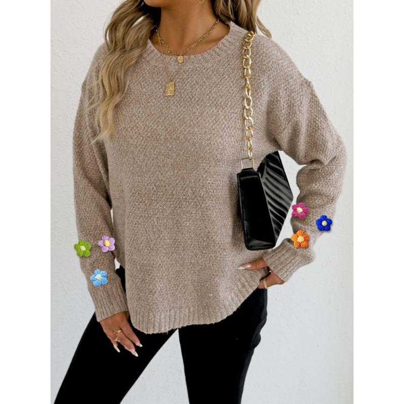 Women European Size Long Sleeve Crew Neck Crochet Flower Patchwork Pullover Sweater