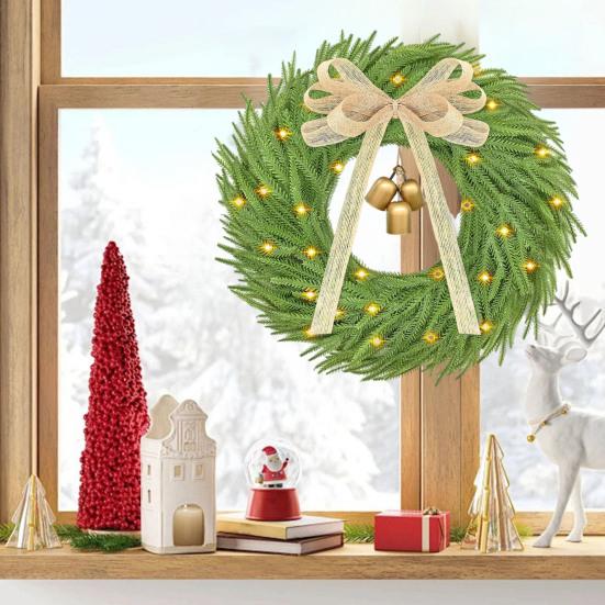 Yousheng Künstlicher Weihnachtskranz mit Schleife und Glocken Realistisches Kieferngrün für Türwanddeko Außen Innen LED-Lichterkette Weihnachten Erntedankfest