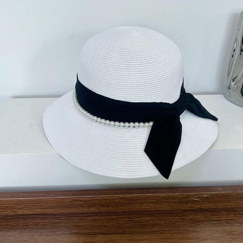 Small Fresh Pearl Bow Dome Sunscreen Straw Hat Basin Hat Bucket Hat Women's Straw Woven Travel Straw Hat