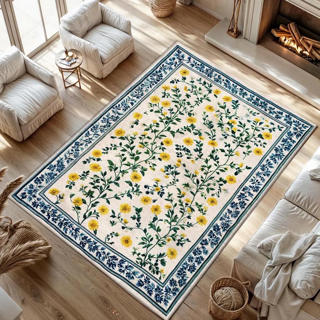 Vintage Floral Rugs for Bedroom, Oriental Area Rugs for Living Room Non Slip Rose Washable Rug Carpet for Office Nursery