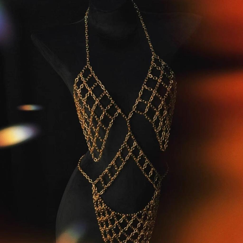Europäischer und amerikanischer Schmuck Gold- und Silber-Netzkette Brustschmuck Körperkette Metall Hohl Verführung B-6
