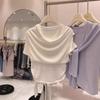 Women Modal Fake Two-Piece T-Shirt Short Sleeve Shawl Design Solid Color Cropped Tops For Summer