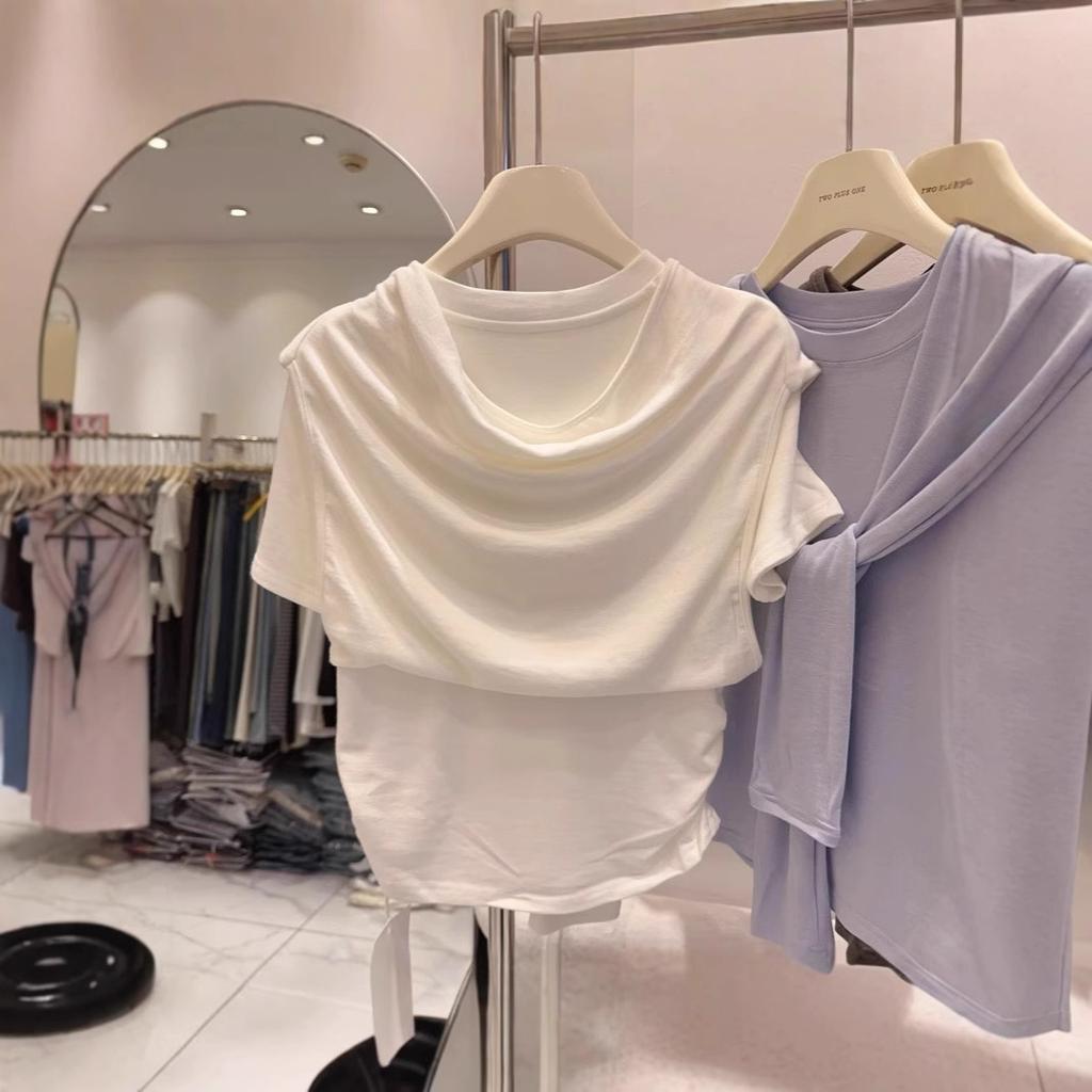 Women Modal Fake Two-Piece T-Shirt Short Sleeve Shawl Design Solid Color Cropped Tops For Summer