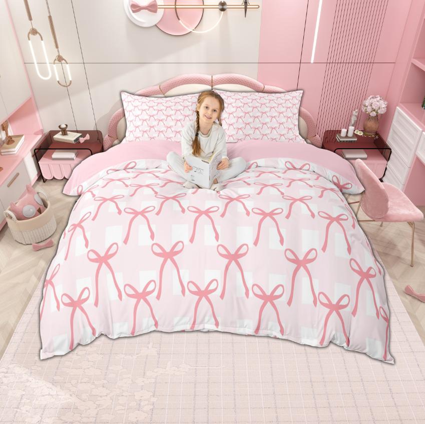 Homewish Kawaii Bow Knot Duvet Cover Set For Princess Girls Ribbon Bedding Set Bow-Tie Quilt Cover Set Bedroom Decor