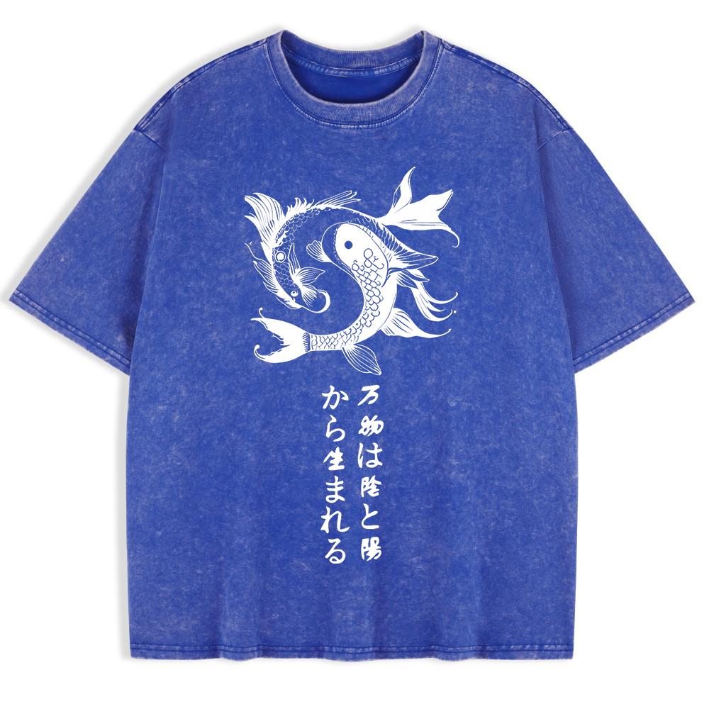 Japanese Koi Harajuku Printed Washed T-Shirts Mens Cotton Short Sleeve Tops Summer O-Neck Oversize T Shirt Clothes