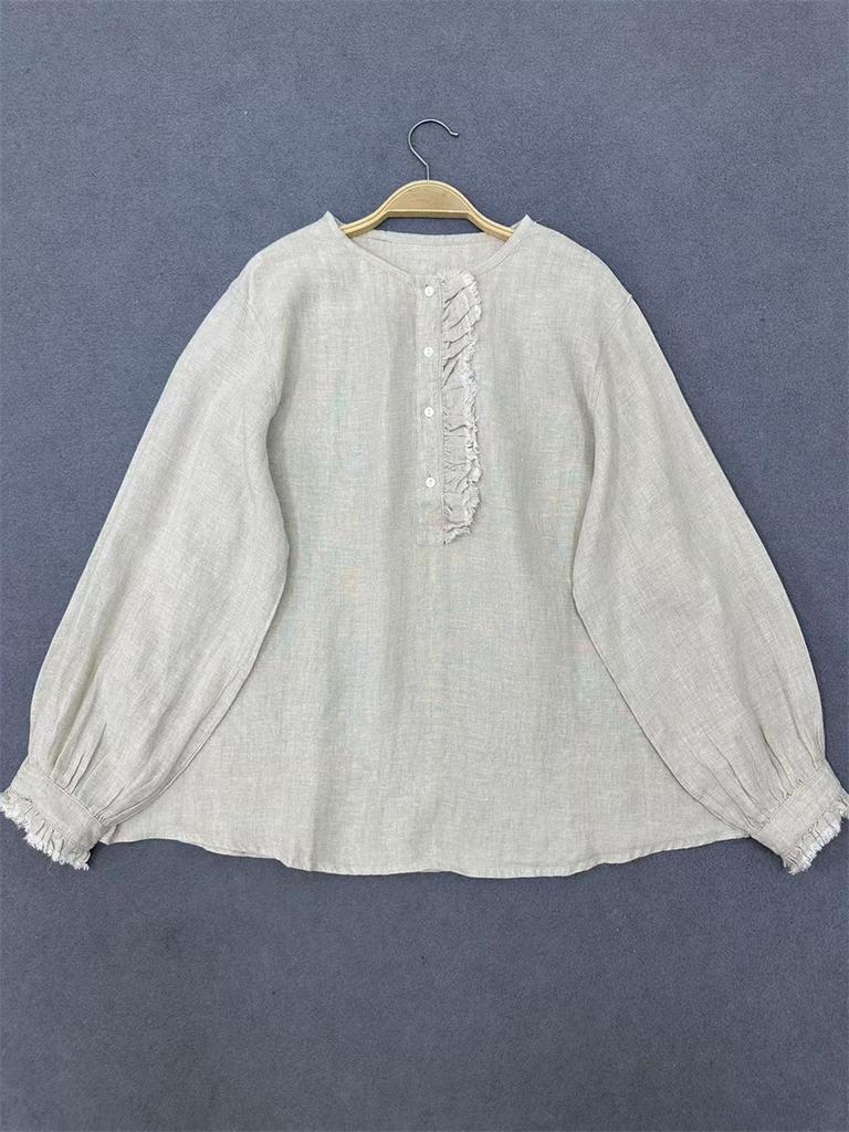 Johnature French Vintage Patchwork Ruffle Edge Round Neck Shirt For Women Casual Versatile Loose Vacation Blouses