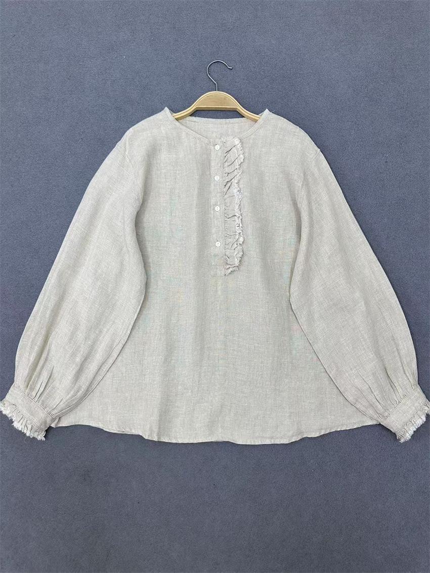 

Johnature French Vintage Patchwork Ruffle Edge Round Neck Shirt For Women Casual Versatile Loose Vacation Blouses One Size бежевый