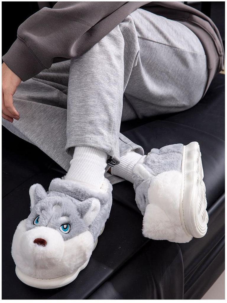Men's Winter Cartoon Husky Cotton Slippers - Indoor Warm Plush Furry Heel for Couples