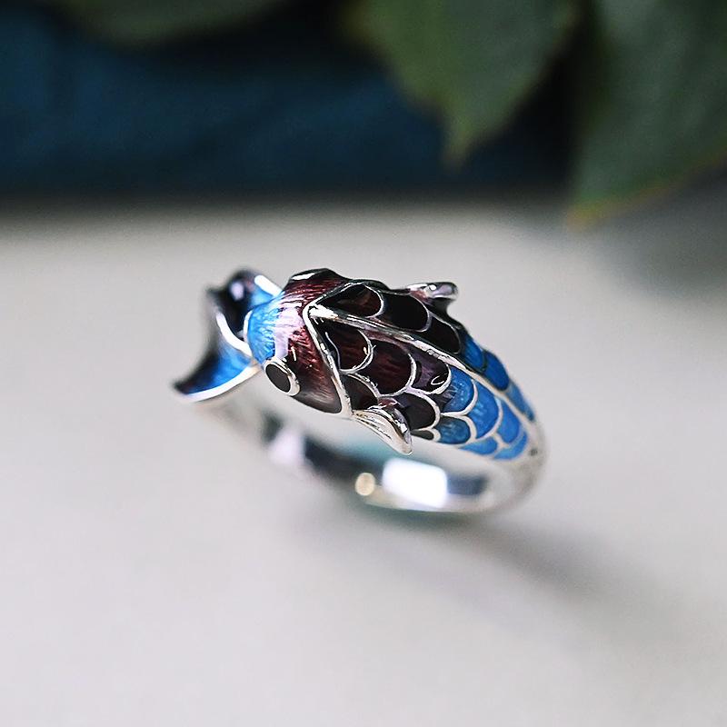 Enamel Color Koi Fish Adjustable Ring Chinese Classical Niche Design Elegant Charm Ladies  Jewelry Party Gift