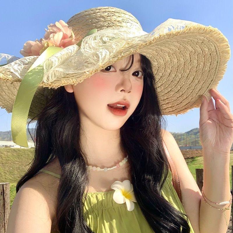 Summer Women's Bowknot Straw Hat New Beach Big Brimmed Hat Foldable Travel Seaside Vacation Travel Outdoor Sunscreen Caps