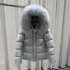 Womens Short Puffer Jacket With Large Raccoon Fur Collar Hooded 90% White Duck Down Winter Coat Small Stature