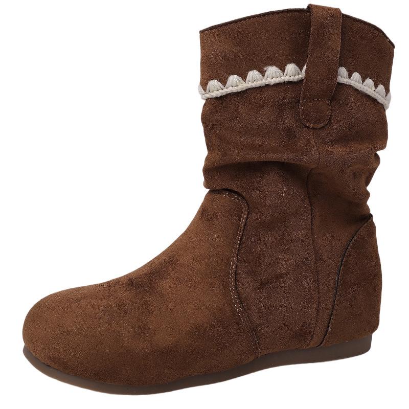 French Design Ruffle Edge Suede Round Head Pleated Piled Boots Women's Autumn and Winter Fashion Retro Foreign Style Flat Bottom Martin Boots