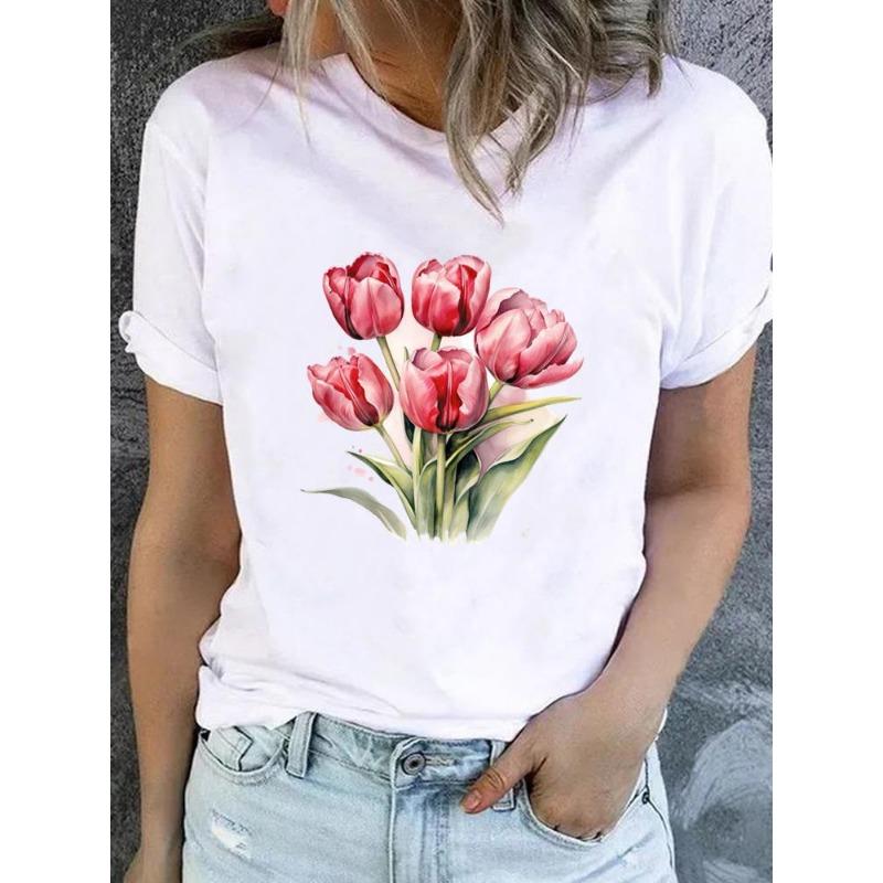 Cute Floral Print T-shirt Ladies Fashion Short-sleeved Clothing Casual Loose Top