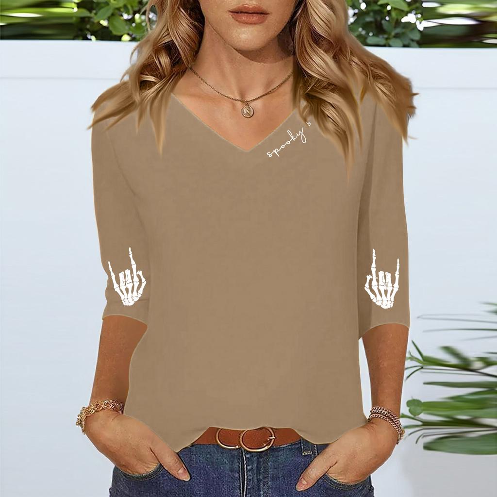 Women's Three-quarter Sleeve Shirt V-neck Loose Casual Spooky Scason Halloween Print Top