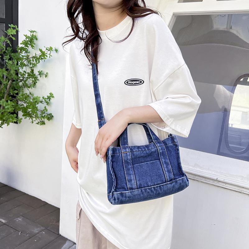 Denim small satchel literary and versatile casual lightweight portable small bucket bag street shoulder messenger small square bag