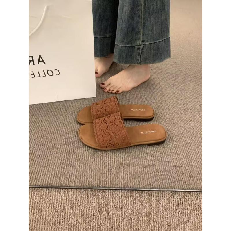 Fashion New Ladies Lace Linen Slippers Women's Sexy Grass Woven Slides Outdoor Light Comfortable Sweet Mesh Handmade Shoes Home Sandals