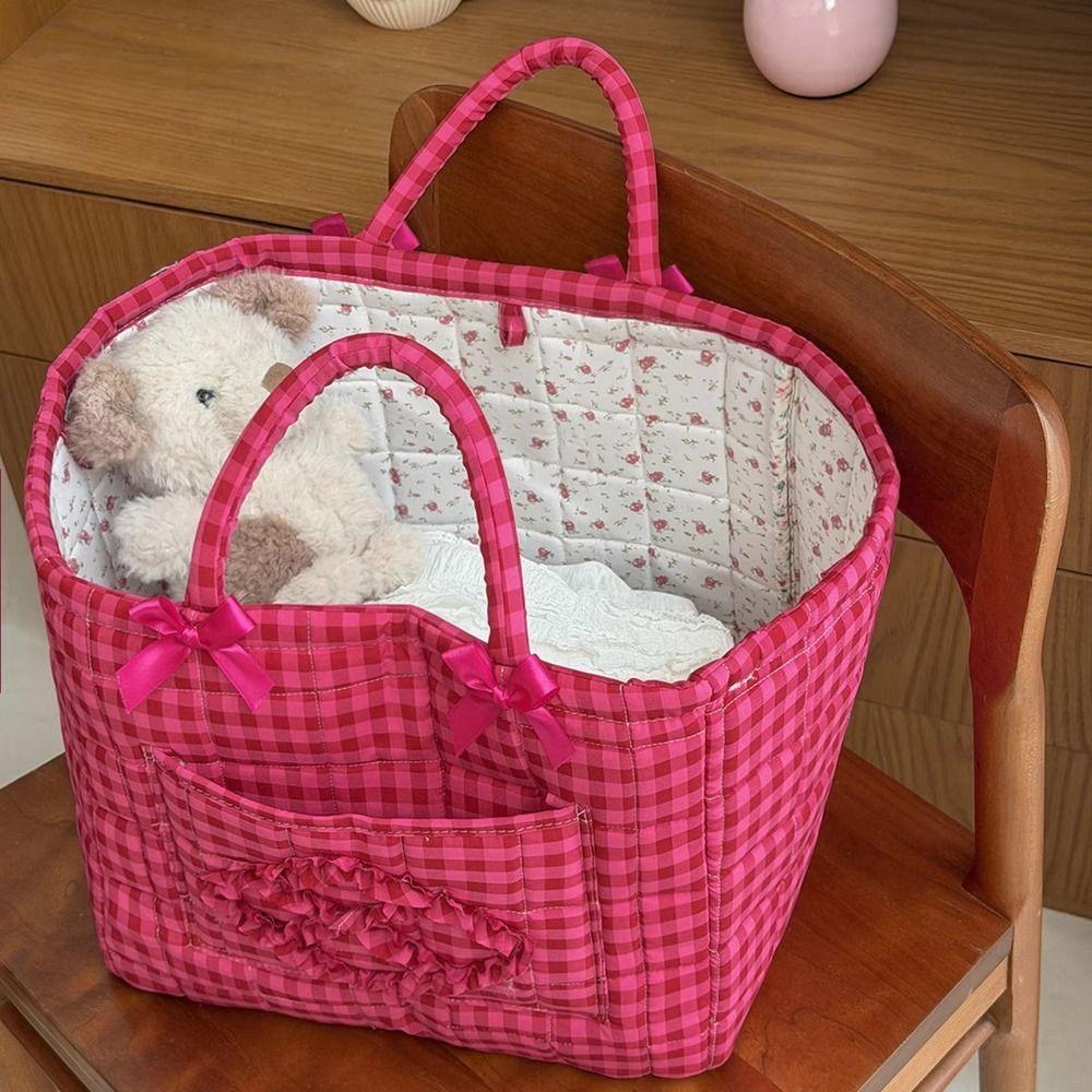 Folding Red Plaid Storage Basket Handheld Nursery Storage Basket Fabric Storage Basket Bedroom