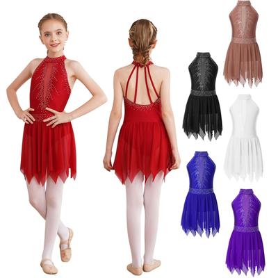 Vestito da ballo per pattinaggio artistico su ghiaccio per bambine, senza maniche, con strass lucidi, in rete, tutù, balletto, ginnastica, abiti lirici