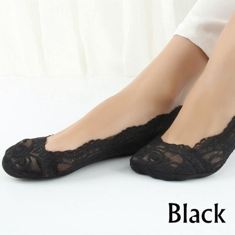 

5 пар летних женских кружевных носков-лодочек с силикагелем, Невидимые хлопковые подошвы, нескользящие противоскользящие тапочки, противоскользящие носки one size чёрный