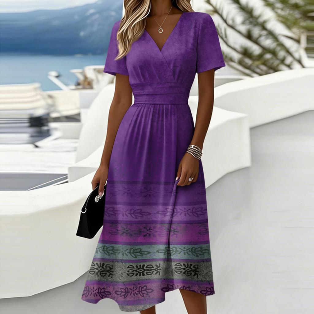 Ladies' Floral Casual Fashionable Short Sleeved V-neck Dress