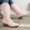 2025 European and American Fashion Autumn and Winter New Spot Medium Heel Women's Leather Boots Foreign Trade Round Head Large Size Embroidered Weste