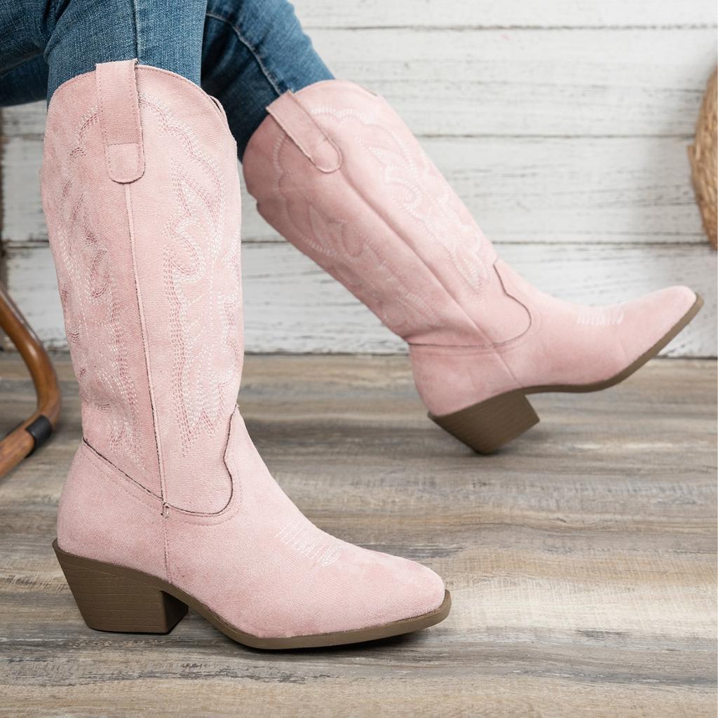2025 European and American Fashion Autumn and Winter New Spot Medium Heel Women's Leather Boots Foreign Trade Round Head Large Size Embroidered Weste