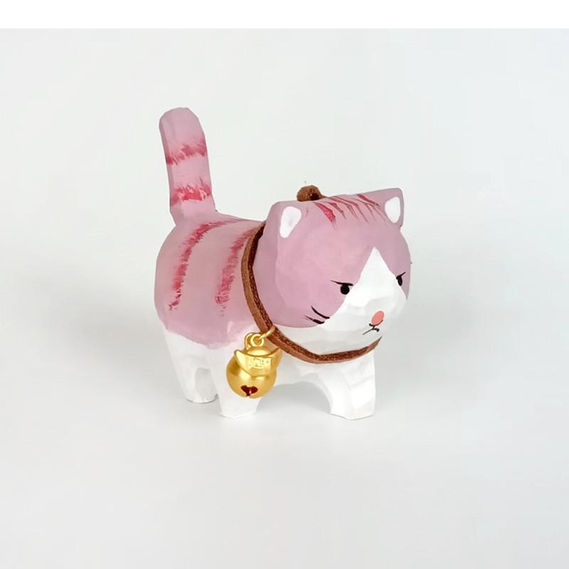 Wooden Handcrafted Carved Cat Figurine Cute Bell Desk Decor For Gifts And Home Office