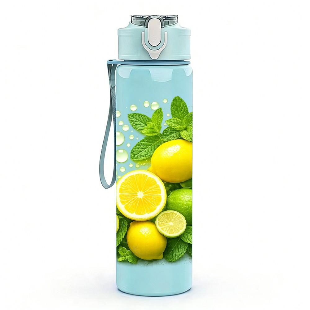 1PC Fresh Lemon Lime Citrus Fruit Print 750ml Color Plastic Sports Water Bottle Leakproof Flip Straw Lid Suitable for Sports Office Home Use