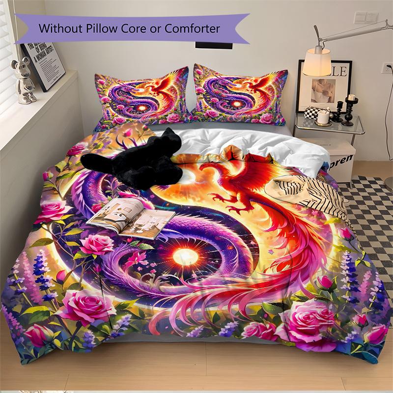 3pcs Dragon and Phoenix Dance Amidst Flowers and Light Pattern Bedding Three-Piece Set (1 Cover + 2 Pillowcases, No Fillings), This Printed