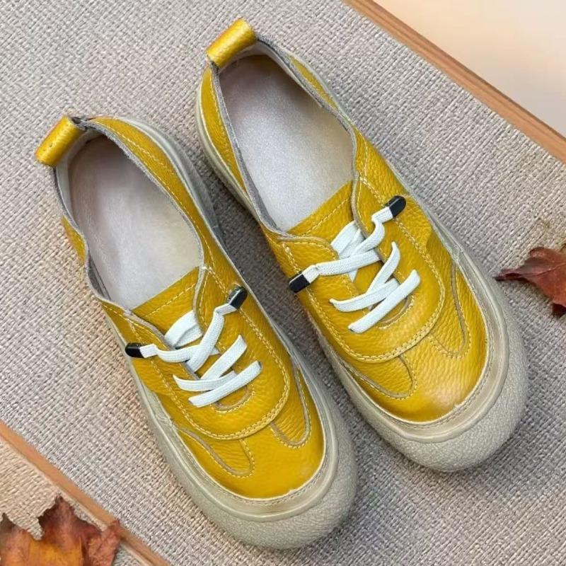 Scarpe Donna in Vera Pelle Scarpe Piatte Casual Pelle di Mucca Morbida Scarpe di Marca Nero Giallo Beige Taglie Forti 41