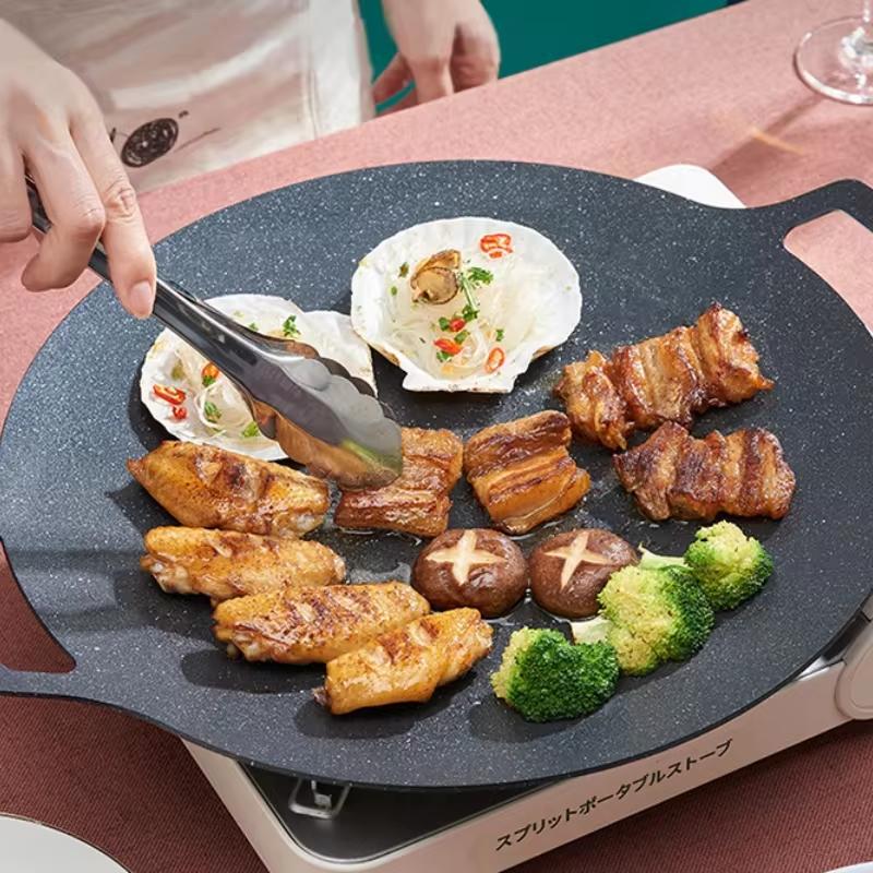 Korean BBQ Grill Pan Multi-purpose Non-stick Round Pancake Pan Outdoor Travel Camping Frying Pan Household Griddle Barbecue Tool