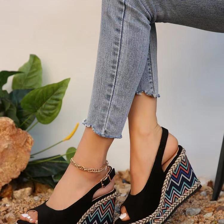 Foreign Trade Large Size Women's Shoes 2025 New One-word with Wedge Heel Platform Sandals Fashionable New Wedge Heel Sandals High Heel Women