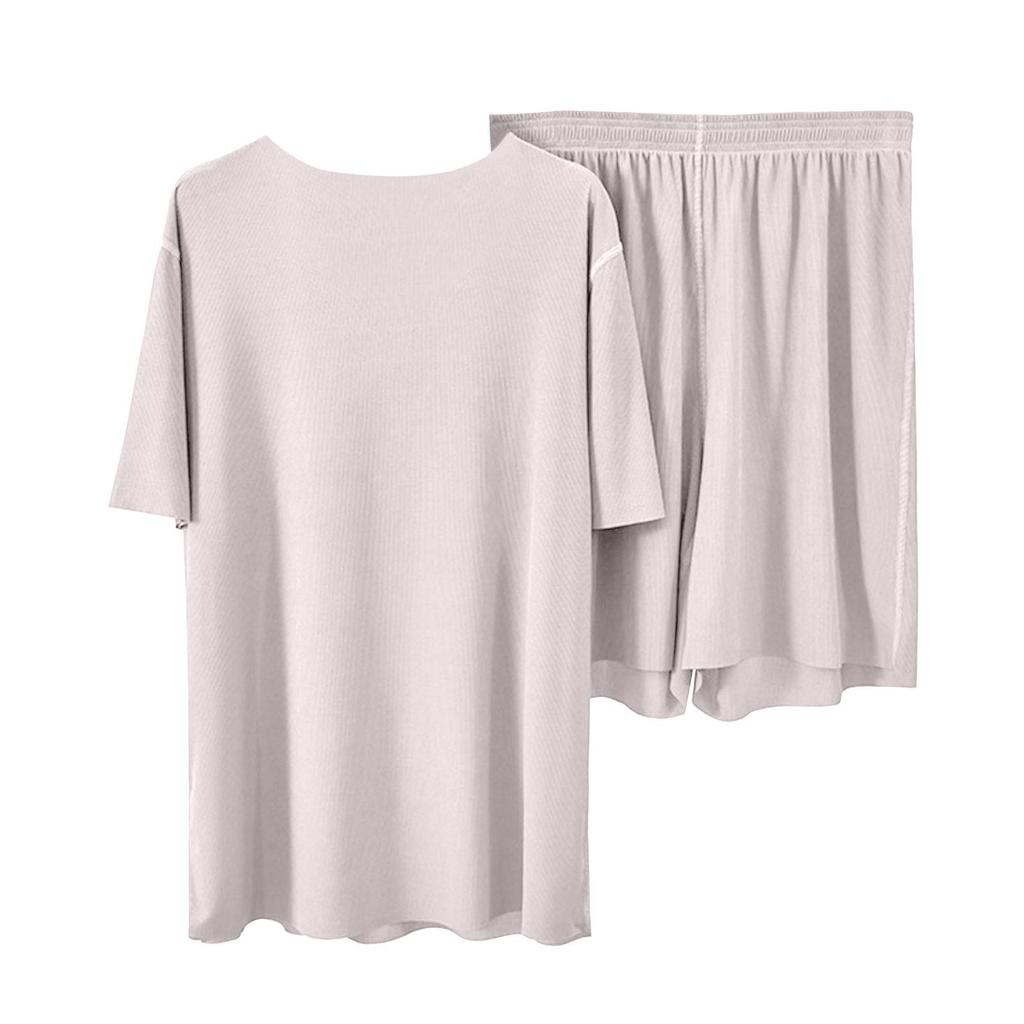 Damen Freizeit Pyjama Set Einfarbig Kurzarm Shorts Hose Zweiteilig