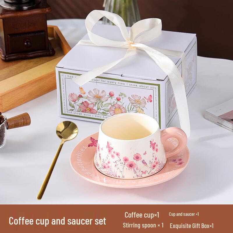 Pink Floral Ceramic Coffee Cup and Saucer Set