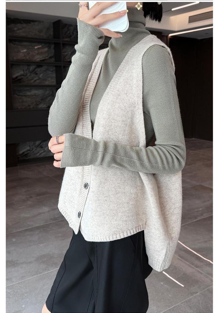 Women's 100% Wool V-Neck Sleeveless Knit Vest - Autumn/Winter Solid Color Layer