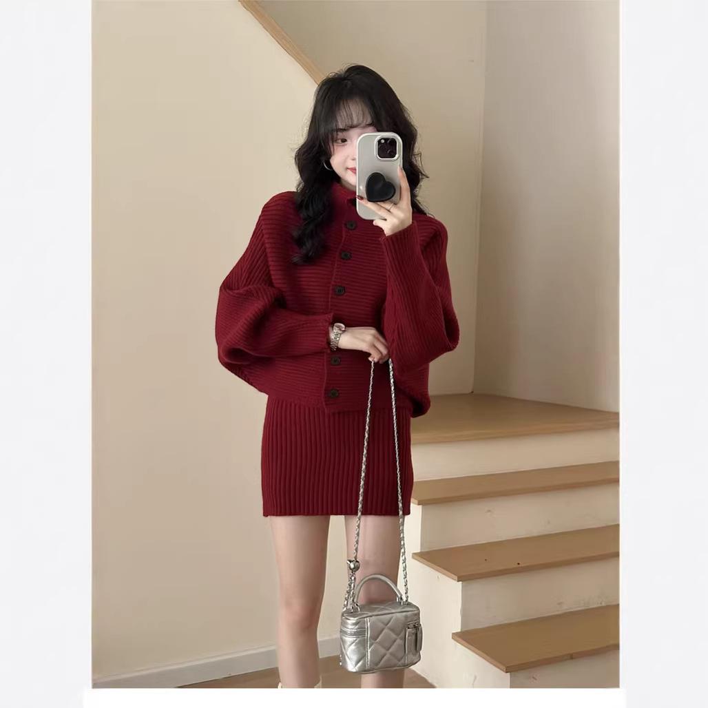

Women s Red Knitted Sweater Dress - Korean Style Christmas & New Year Outfit Set with Short Skirt for Autumn/Winter Red M103