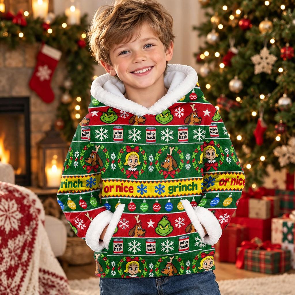 Kids Long Sleeve Christmas Print Casual Hooded Top for Boys and Girls Holiday Outfit