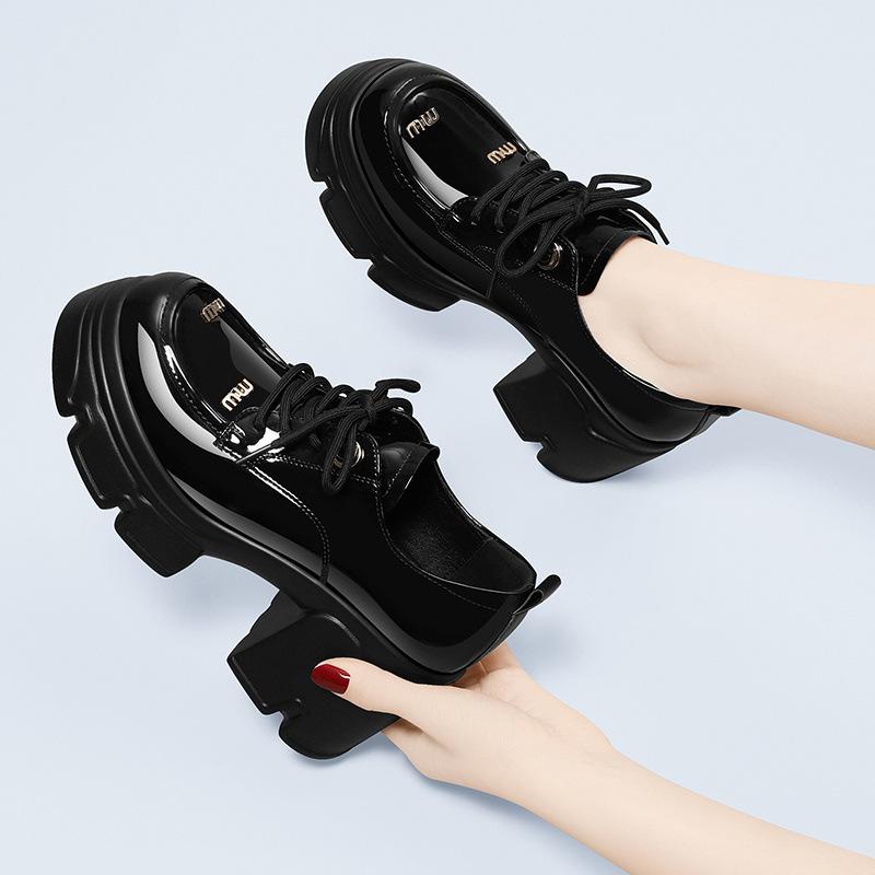 British Style Small Leather Shoes Korean Height-increasing Women's Black Patent Leather Thick-soled Thick-heeled Lace-up Loafers