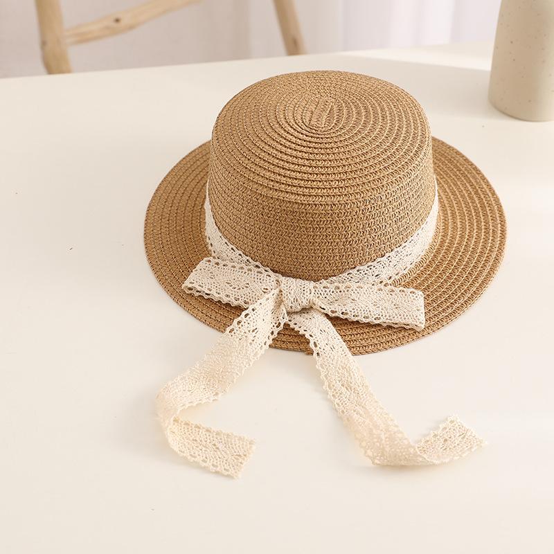 Fashion New Child Summer Sun Hat Bucket Cap Simple Beige Lace Bowknot Ribbon Flat Top Straw Hat Beach Outing Caps Panama
