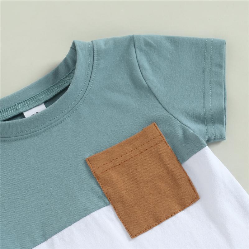 Baby Boys Summer Clothing Sets Short Sleeve Contrast Color Tops + Solid Color Drawstring Shorts 2pcs Outfit