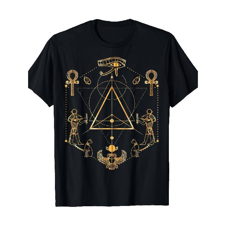 Sacred Geometric Eye of Horus T-Shirt for Men - Black Cotton Egyptian Ankh and Tianniu Design with Golden Hieroglyphic Print, Casual -Sleeve Cultural S
