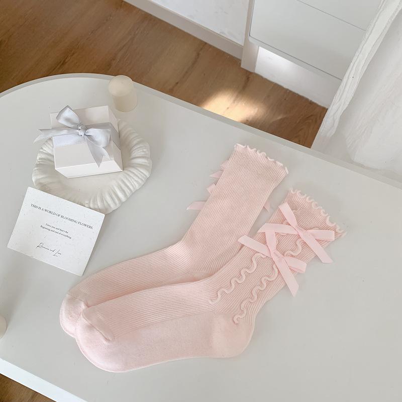 Lolita Kawaii Women Socks Bow Sweet Girls Cute Ruffle Socks Women Japanese Style Solid Color Black White Gray Long Socks Sox